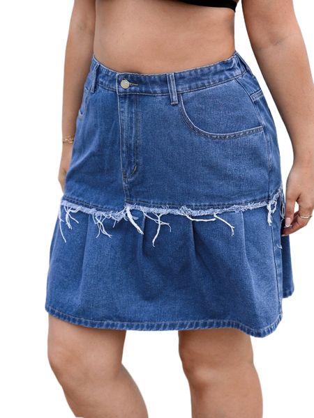 

plus raw pleated hem denim skirt d1pc#, Black