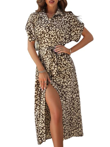

leopard dual pocket roll tab sleeve belted shirt dress 81qn#, Black;gray