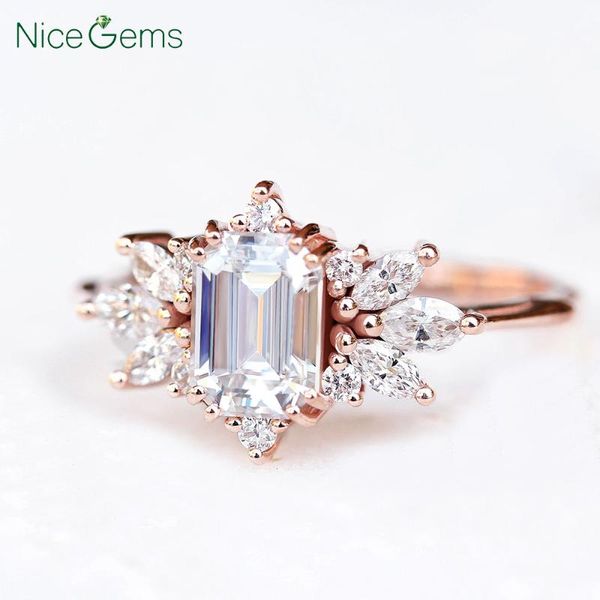 

cluster rings nicegems solid 14k rose gold center 7x5mm emerald cut moissanite engagement ring with round & marquise moissainite accents, Golden;silver