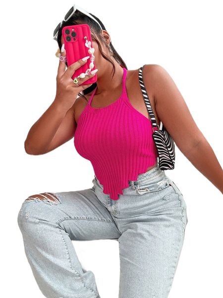 

plus tie backless asymmetrical hem halter knit s490#, Black