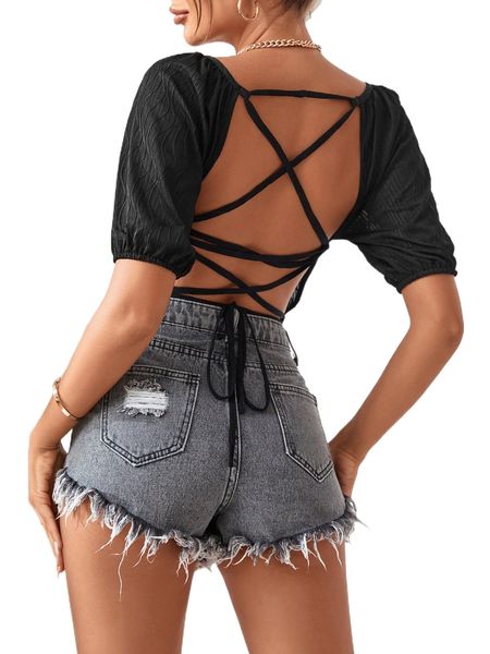 

lace up backless puff sleeve crop 91mi#, White