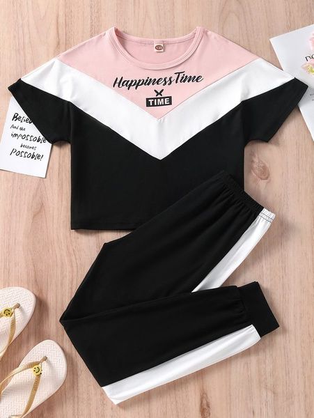 

girls' contrast lettered bat sleeve t-shirt and sweatpants she, White