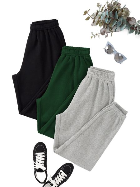 

3pcs solid elastic waist thermal lined sweatpants h18z#, Black;white