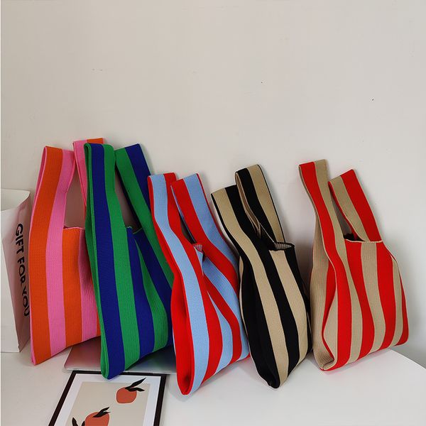 

women's japanese knot casual color wide stripe handbag fashion knitted shoulder bag student capacity reusable shopping wrist bag