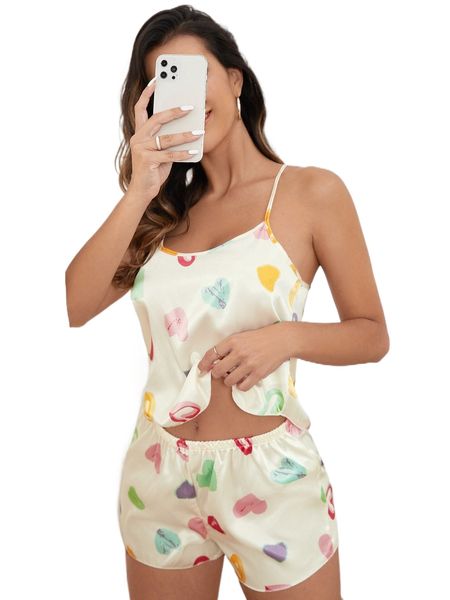 

heart print satin pj set o8ic#, Black;red