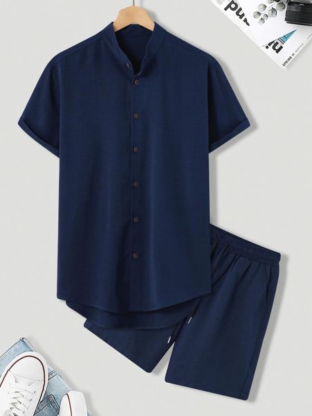 

men high low hem shirt & drawstring waist shorts j9xf#, Gray