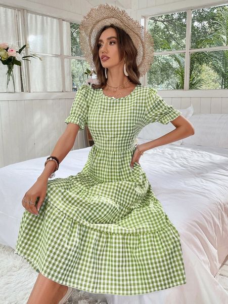 

gingham puff sleeve ruffle hem smock dress r0u4#, Black;gray