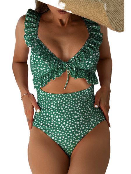 

ditsy floral ruffle trim one piece swimsuit m3dx#, White;black