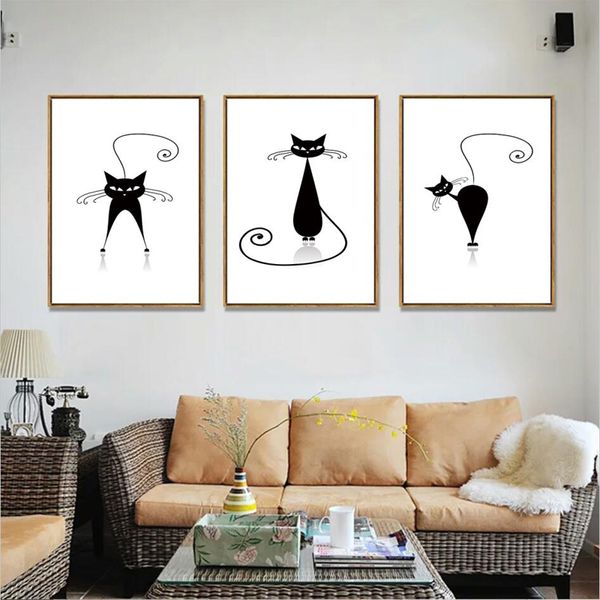 Gatto minimalista in bianco e nero Poster e stampe su tela Pittura scandinava in stile nordico Modern Nursery Kids Room Home Decor