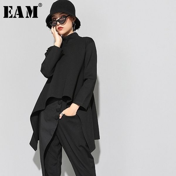 

eam autumn winter high collar long sleeve black irregular hem loose tshirt women fashion allmatch jk397 y200109, White