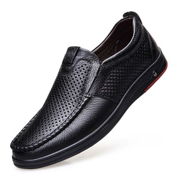 

ly men s summer loafers shoes genuine leather soft man casual slip on cutout cowhide 220808, Black