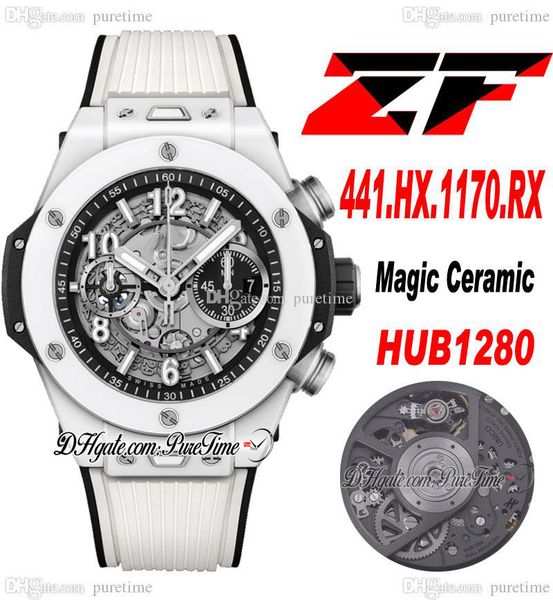 

zf unico white magic ceramic hub1280 automatic chronograph mens watch black skeleton dial stick number markers rubber strap super edition pu, Slivery;brown