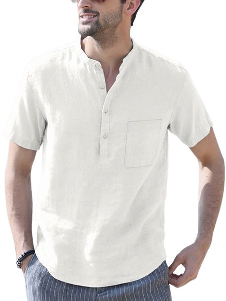 

men patched pocket button half placket shirt 62cj#, White;black