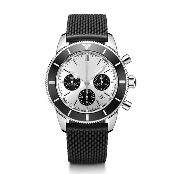 

men watch designer quartz chronograph watch satch black ceramic bezel white dial rubber stainless steel strap, Slivery;brown