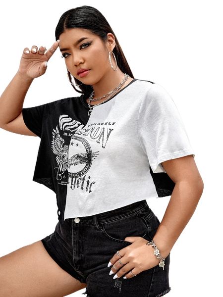 

plus two tone eagle & slogan graphic bandana hem tee y5ht#, Black