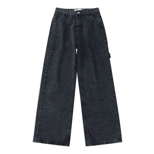 Damen Jeans mit hoher Taille, lässige Overalls, Retro, gerade, Frühling, einfarbig, einfach, locker, weites Bein, weibliche Hose, Neutral, Hip Hop T220728