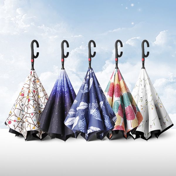 Полуавтоматические перевернутые зонтики двойной слой с C-ручкой обратной зонтики ветропроницаемые солнечные дождливые дождевые зонтики