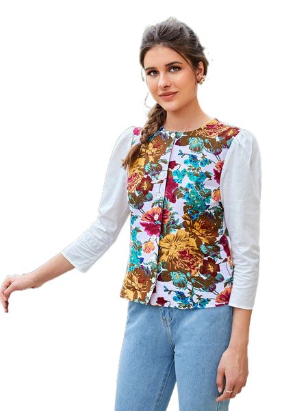 

puff sleeve floral print blouse e1tc#, White