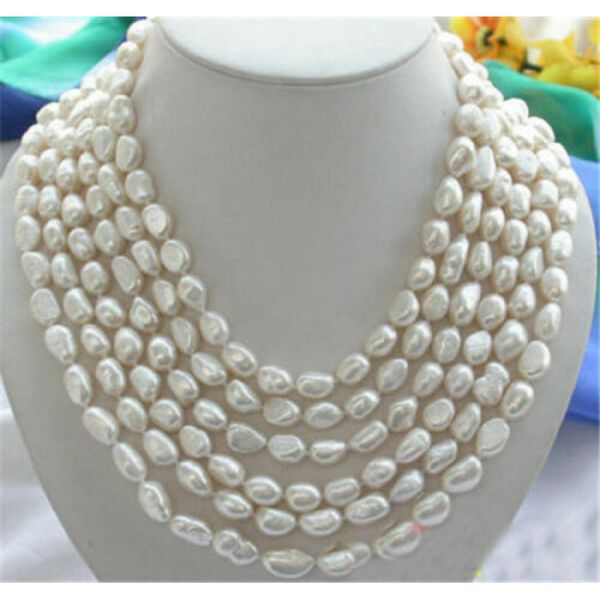 

6row 9-10mm white baroque freshwater cultured pearl necklace 18&quot, Silver