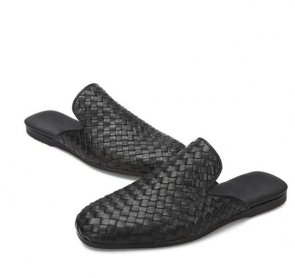 

plaid cow leather cover toe half slippers flat heel outdoor fashion mens lazy shoes casual shoe, Black
