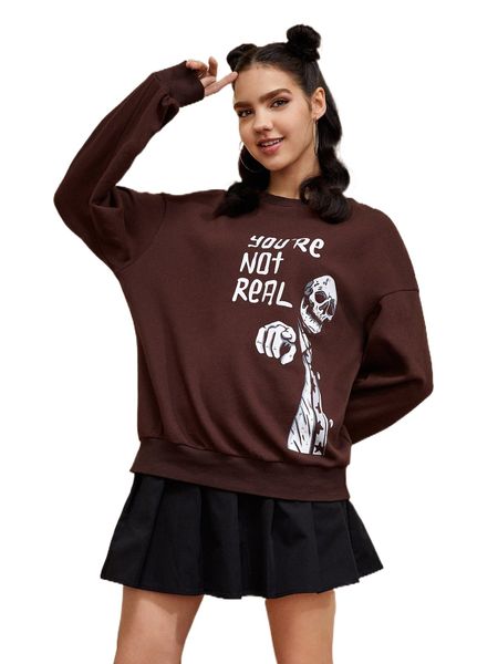 

x ohhmeed slogan & skeleton print drop shoulder pullover q3b4#, Black