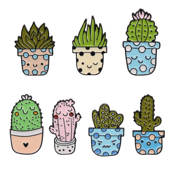 

cute cartoon student cactus brooch set 7pcs alloy drip oil plant badge enamel pins aloe potted thorn horse needle bonsai small fashion acces, Gray