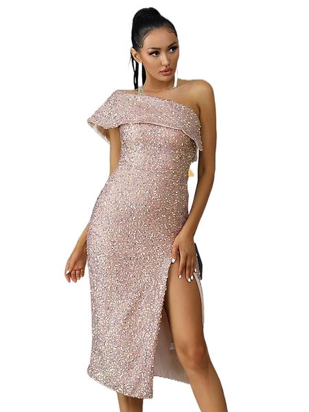 

love&lemonade one shoulder split thigh sequin dress n3je#, Black;gray