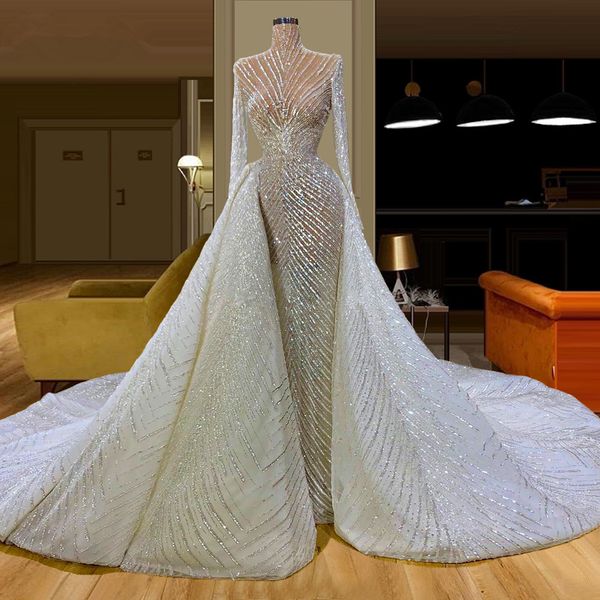 

sparking illusion long sleeves wedding dresses sequined bridal gown custom made new design with detachable train robes de mariÃ©e, White