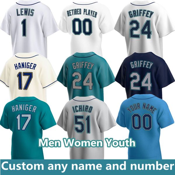 

24 ken griffey jr. jerseys jersey 17 mitch haniger 15 kyle seager 23 ty france 22 luis torrens jarred kelenic edgar martÃ­nez murphy crawford, Blue;black