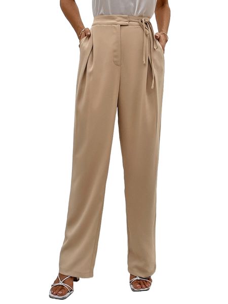 

plicated detail knot side straight leg pants k2iz#, Black;white