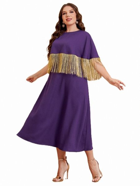 

plus contrast fringe trim batwing sleeve dress 15hd#, Black