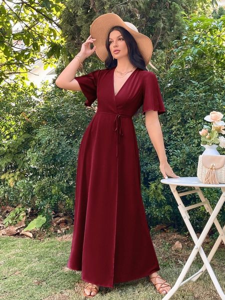 

split butterfly sleeve wrap tie side maxi dress 83zo#, Black;gray