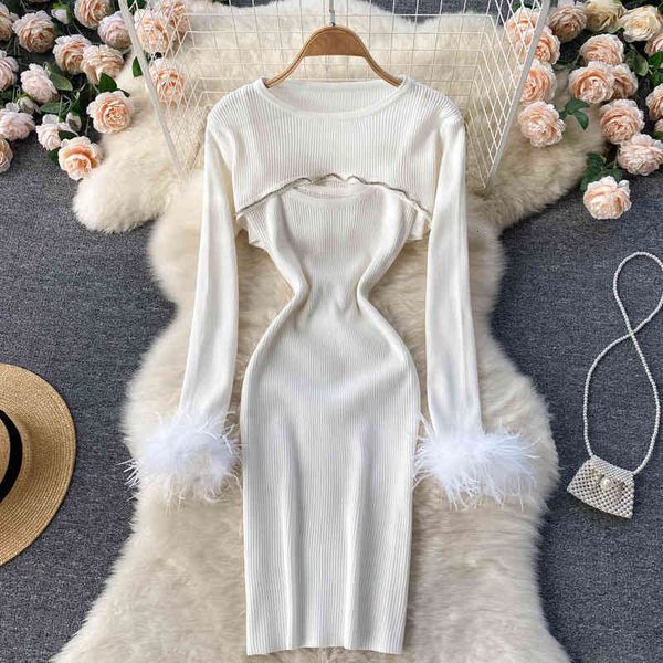 

two piece dress pure hollowed out diamond chain short shawl slim sling knitted dress two-piece suit omrx, White