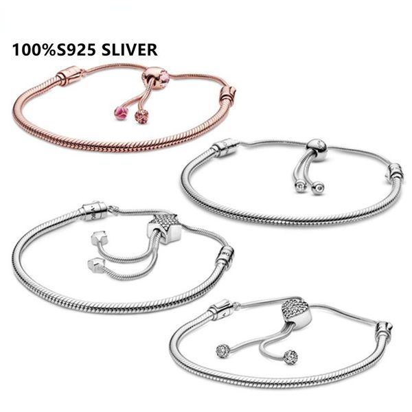 Original-Charm-Ketten-Schlangen-Armband aus 100 % 925er Sterlingsilber, verstellbarer Schiebe-Armreif für Damenmode, klassisch, hochwertiger DIY-Schmuck