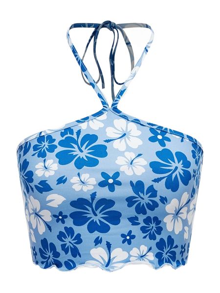 

floral print lettuce trim tie backless halter e2sb#, White