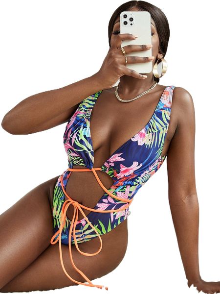 

floral print cut out lace up one piece swimsuit 1314#, White;black
