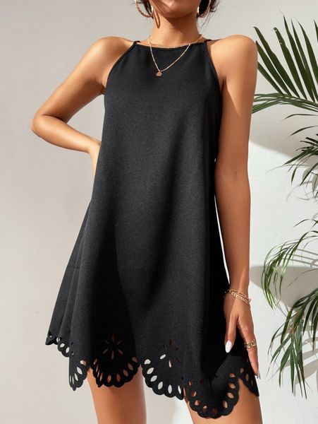 

petite laser cut cami dress h288#, Black;gray