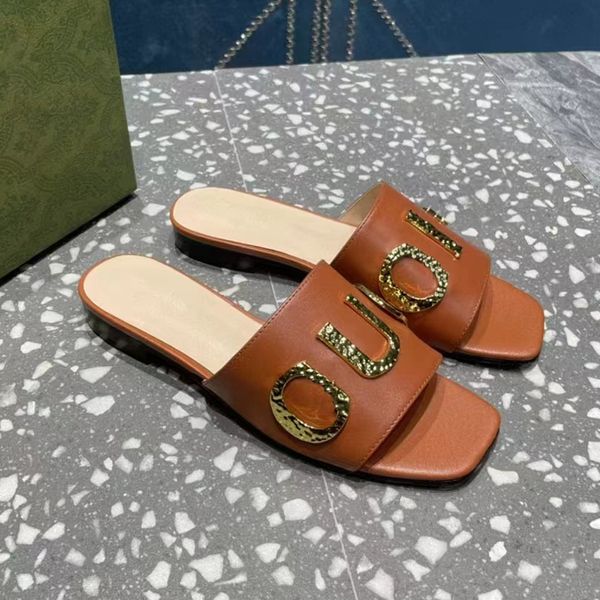 

2022 fashionable beach women's slippers classic flat heels summer designer fashionable flip flops metal decorative letters leather outd, Black