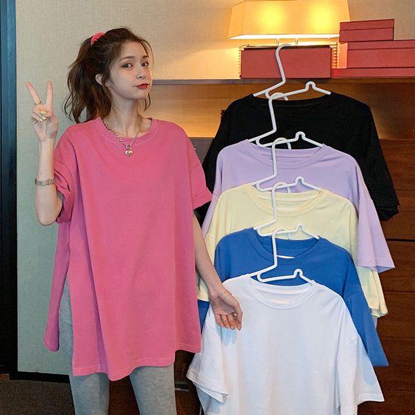 

summer shortsleeved women tshirts large size solid loose long tshirt pure cotton side split t shirt white tees 220615