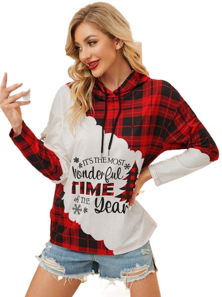 

christmas slogan & tartan print drop shoulder drawstring hoodie o5in#, Black