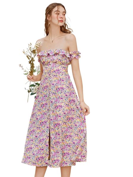 

allover floral print button front ruffle trim bardot dress b5qk#, Black;gray
