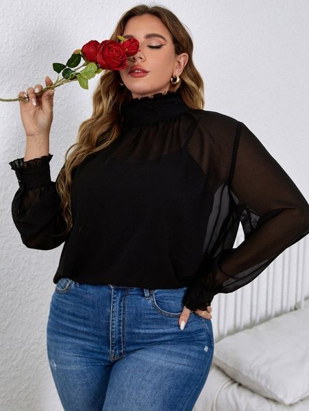 

plus solid shirred neck keyhole back blouse & cami s7nk#, Black