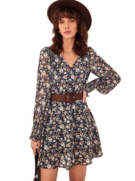 

v-neck allover floral dress without belt n4mo#, Black;gray