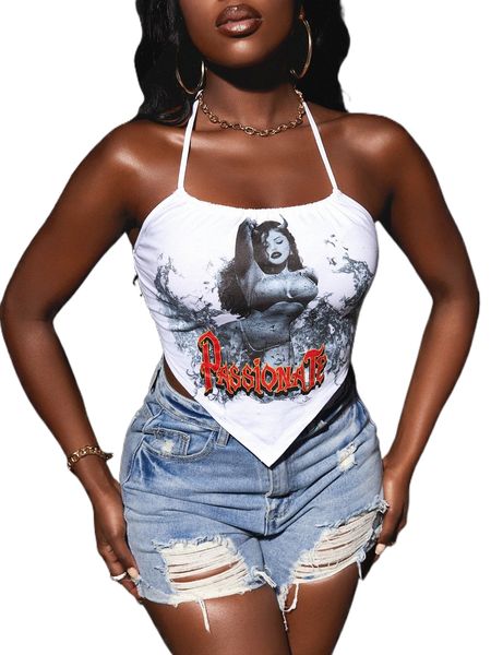 

sxy letter and figure graphic hanky hem halter 85sm#, White