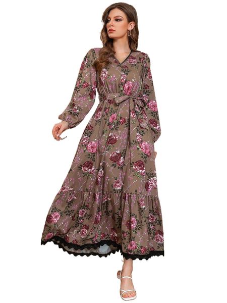 

allover floral belted a-line dress v161#, Black;gray