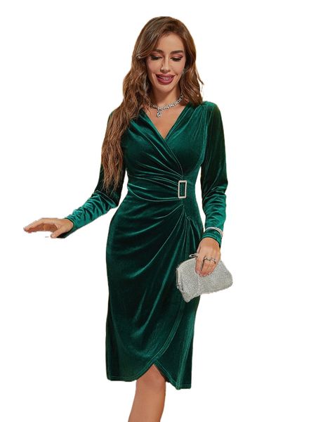 

buckle ruched wrap velvet dress w4st#, Black;gray