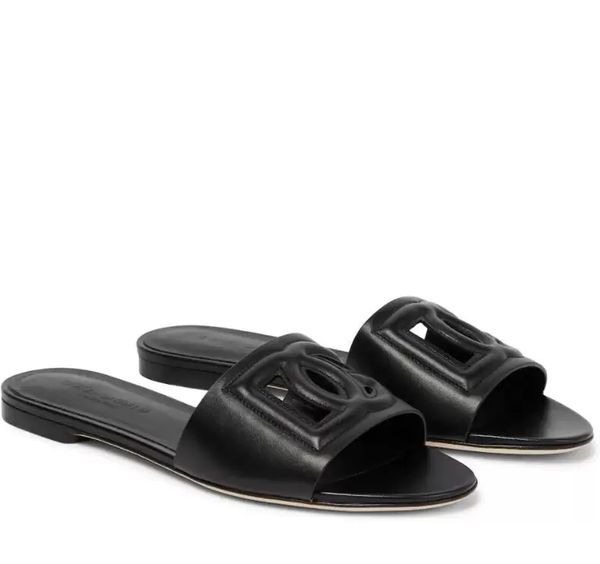 

luxury designer women rubber sole flop flip flat sandal slippers cutout leather slides flats outdoor beach slip on slides casual flips flops, Black