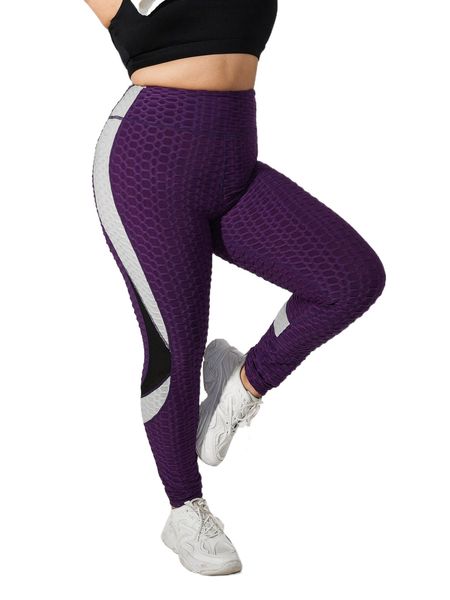 

plus colorblock honeycomb textured sports leggings h2ls#, Black