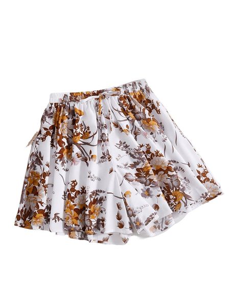 

floral print tie waist shorts t0de#, White;black