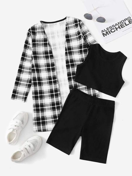 

girls plaid open front coat & crop & biker shorts she, White